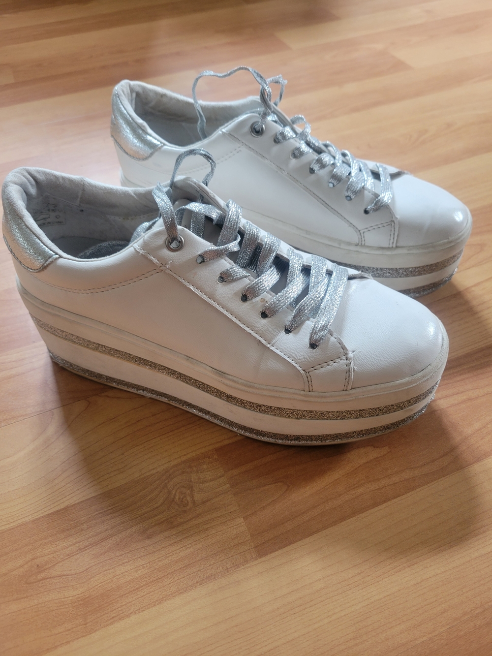 White Platform Lace-Up Sneakers with Silver Trim - Women's